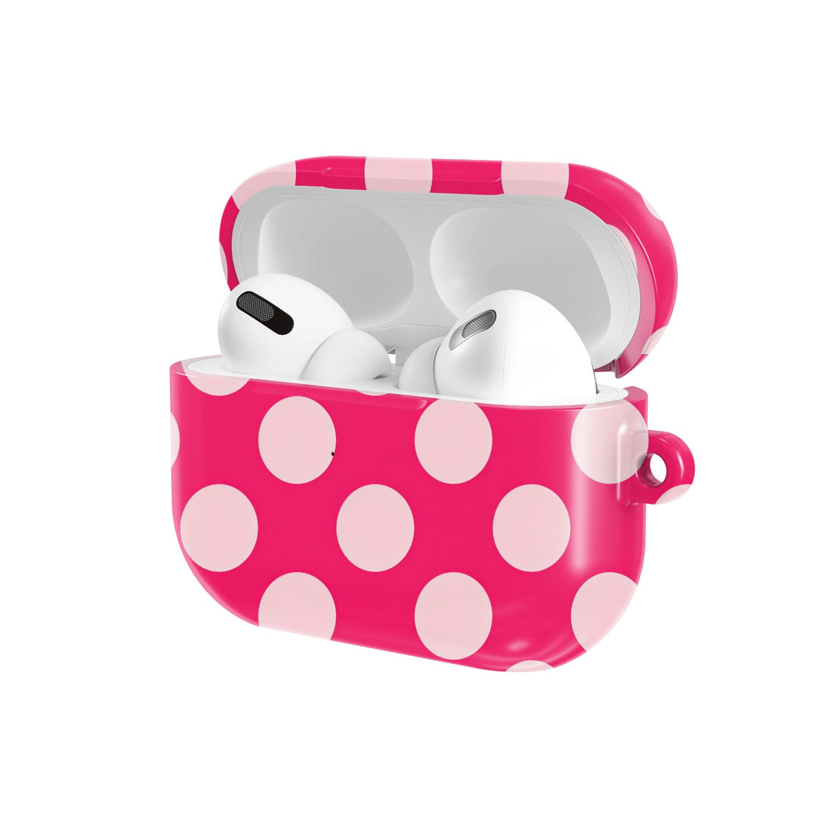Raspberry Polka Dot AirPods case — hard-shell earbuds cover, open angled view