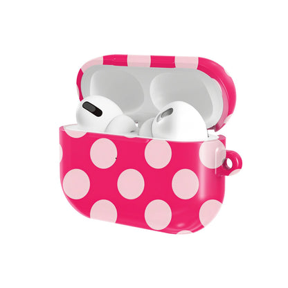 Raspberry Polka Dot AirPods case — hard-shell earbuds cover, open angled view