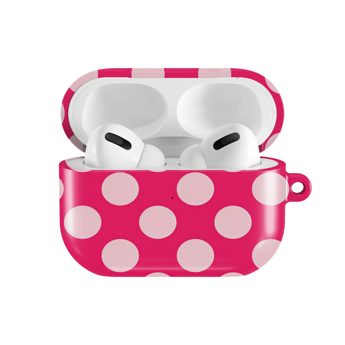 Raspberry Polka Dot AirPods case — hard-shell earbuds cover, open front view