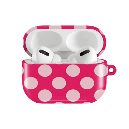Raspberry Polka Dot AirPods case — hard-shell earbuds cover, open front view