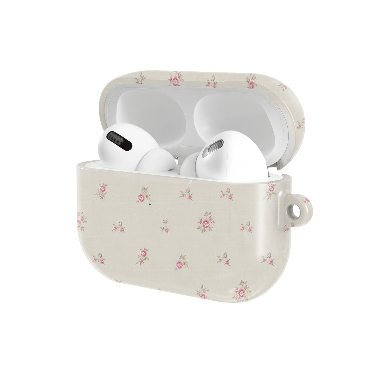 Ditsy Rose AirPods case — hard-shell earbuds cover, open angled view