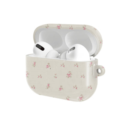Ditsy Rose AirPods case — hard-shell earbuds cover, open angled view