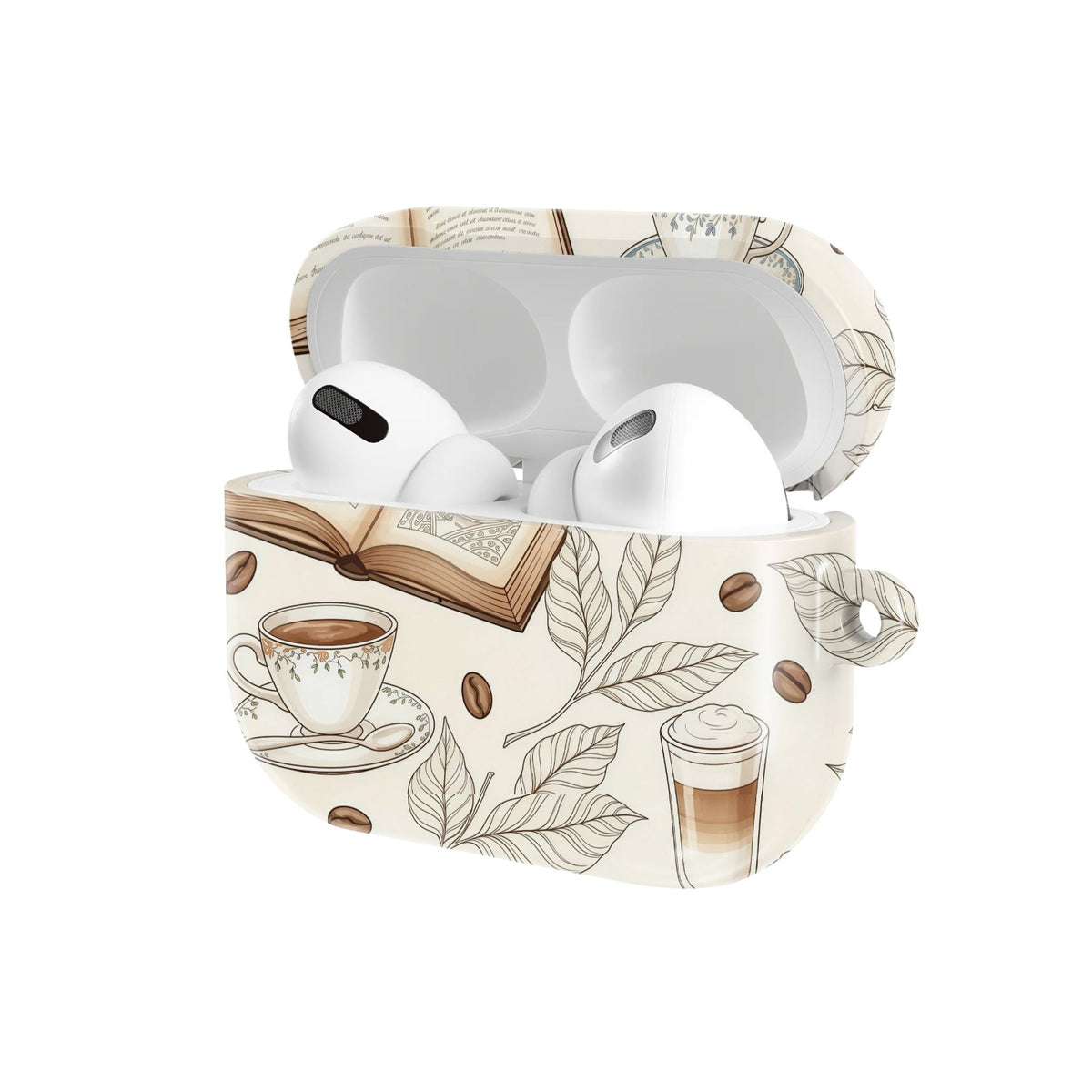Books & Coffee AirPods case — hard-shell earbuds cover, open angled view