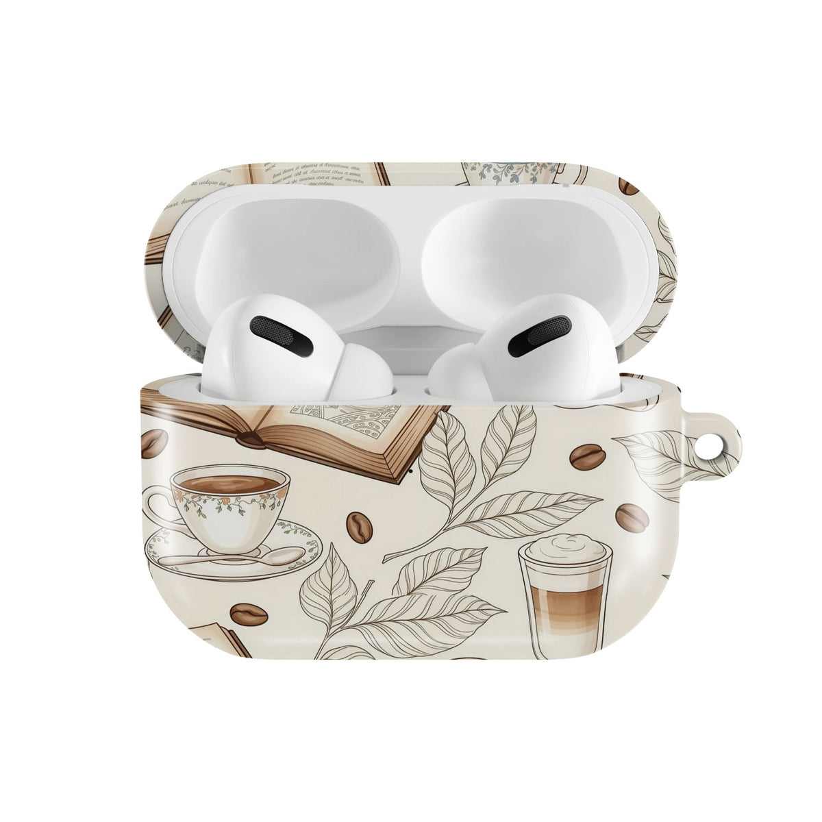 Books & Coffee AirPods case — hard-shell earbuds cover, open front view