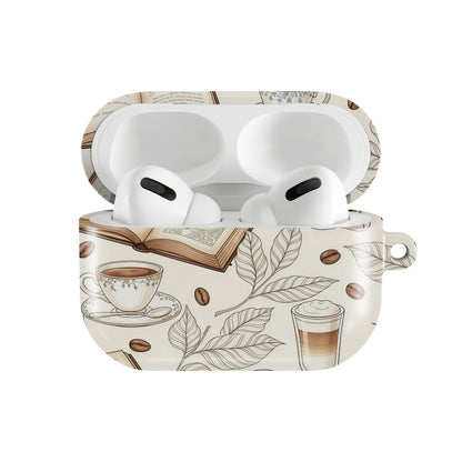 Books & Coffee AirPods case — hard-shell earbuds cover, open front view