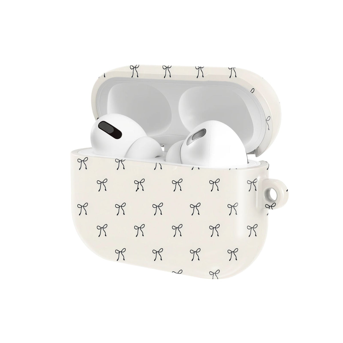 Black Bows AirPods case — hard-shell earbuds cover, open angled view