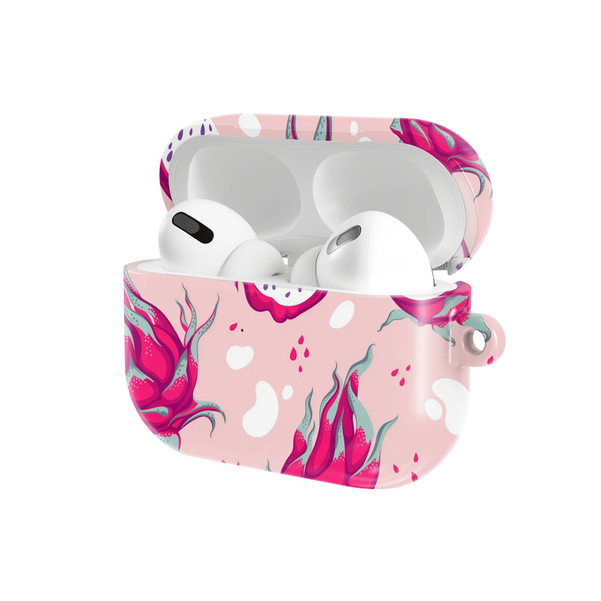 Dragonfruit AirPods case — hard-shell earbuds cover, open angled view