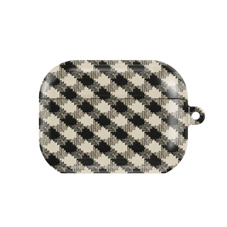 Black & Cream Check AirPods case — hard-shell earbuds cover, closed front view