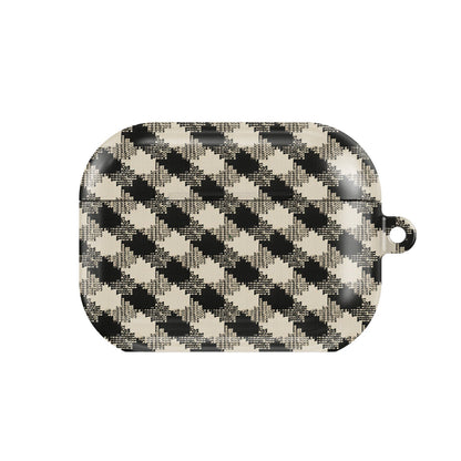 Black & Cream Check AirPods case — hard-shell earbuds cover, closed front view