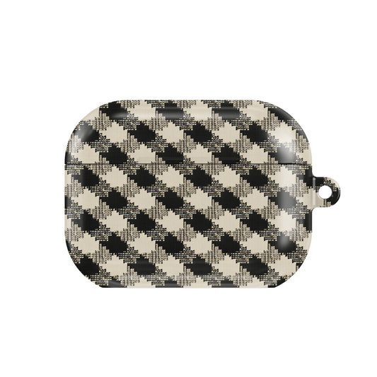 Black & Cream Check AirPods case — hard-shell earbuds cover, closed front view
