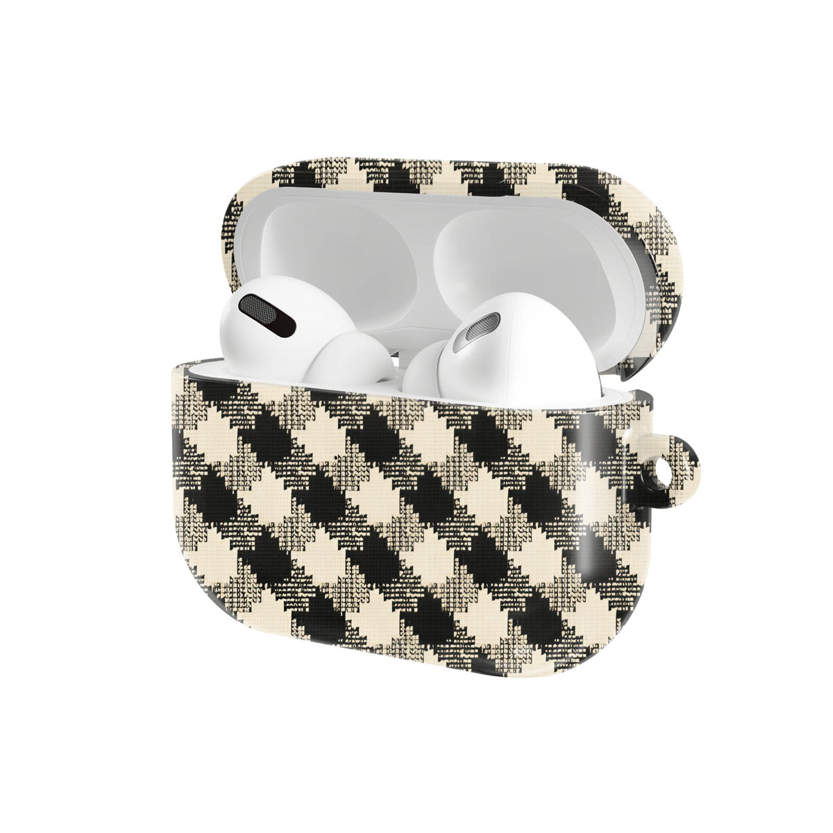 Black & Cream Check AirPods case — hard-shell earbuds cover, open angled view