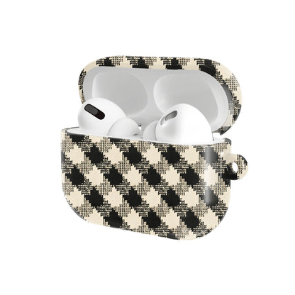Black & Cream Check AirPods case — hard-shell earbuds cover, open angled view