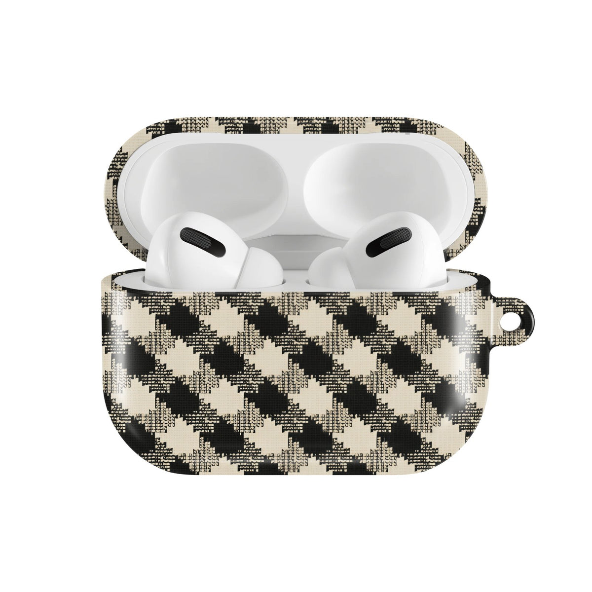 Black & Cream Check AirPods case — hard-shell earbuds cover, open front view
