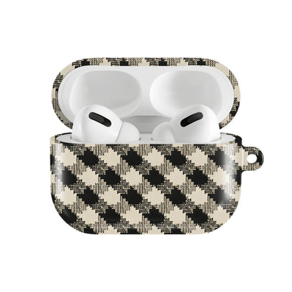 Black & Cream Check AirPods case — hard-shell earbuds cover, open front view