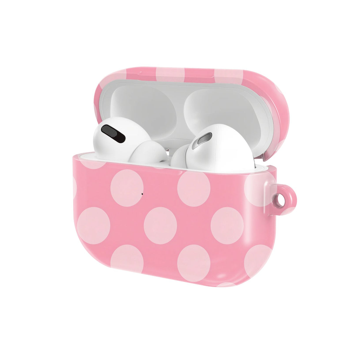 Rose Polka Dot AirPods case — hard-shell earbuds cover, open angled view