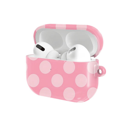 Rose Polka Dot AirPods case — hard-shell earbuds cover, open angled view