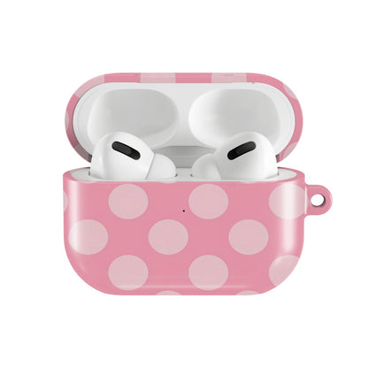 Rose Polka Dot AirPods case — hard-shell earbuds cover, open front view