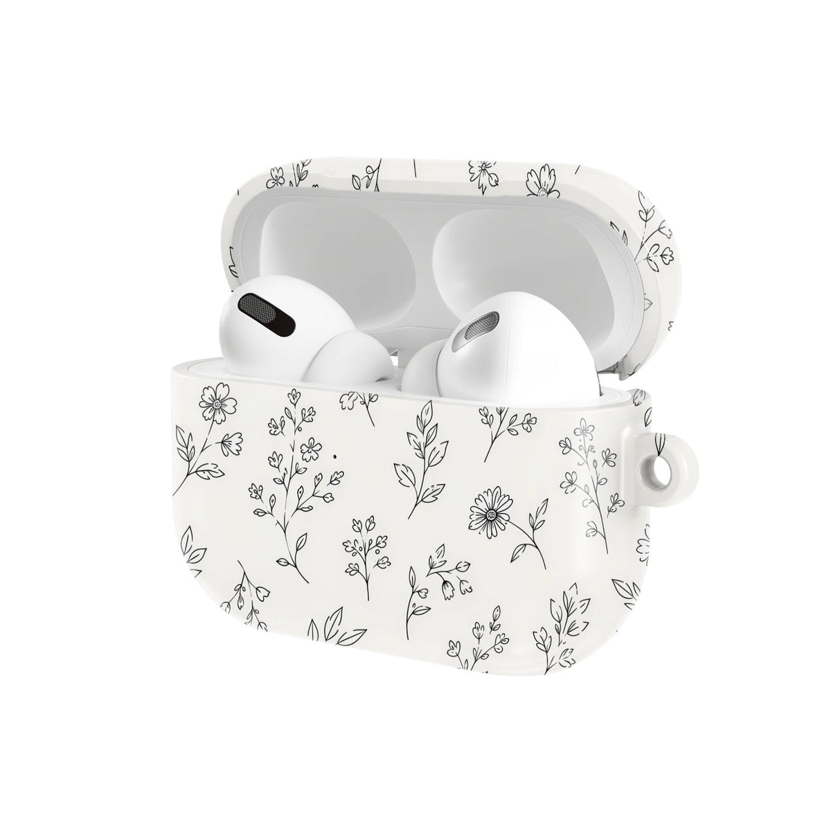 Line Art Wildflower AirPods case — hard-shell earbuds cover, open angled view