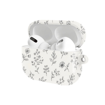 Line Art Wildflower AirPods case — hard-shell earbuds cover, open angled view