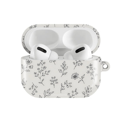 Line Art Wildflower AirPods case — hard-shell earbuds cover, open front view