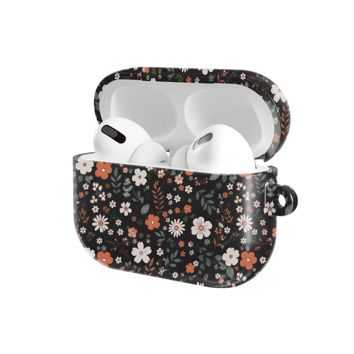 Dark Ditsy Floral AirPods case — hard-shell earbuds cover, open angled view
