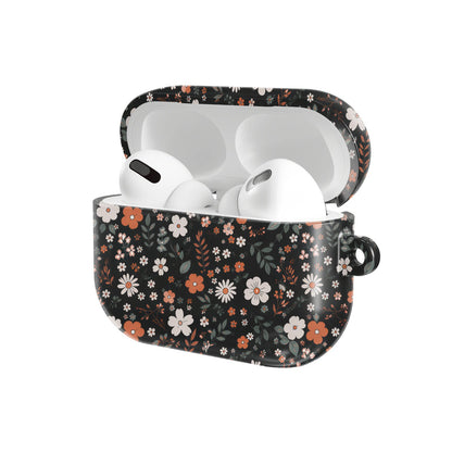 Dark Ditsy Floral AirPods case — hard-shell earbuds cover, open angled view