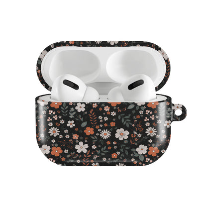 Dark Ditsy Floral AirPods case — hard-shell earbuds cover, open front view