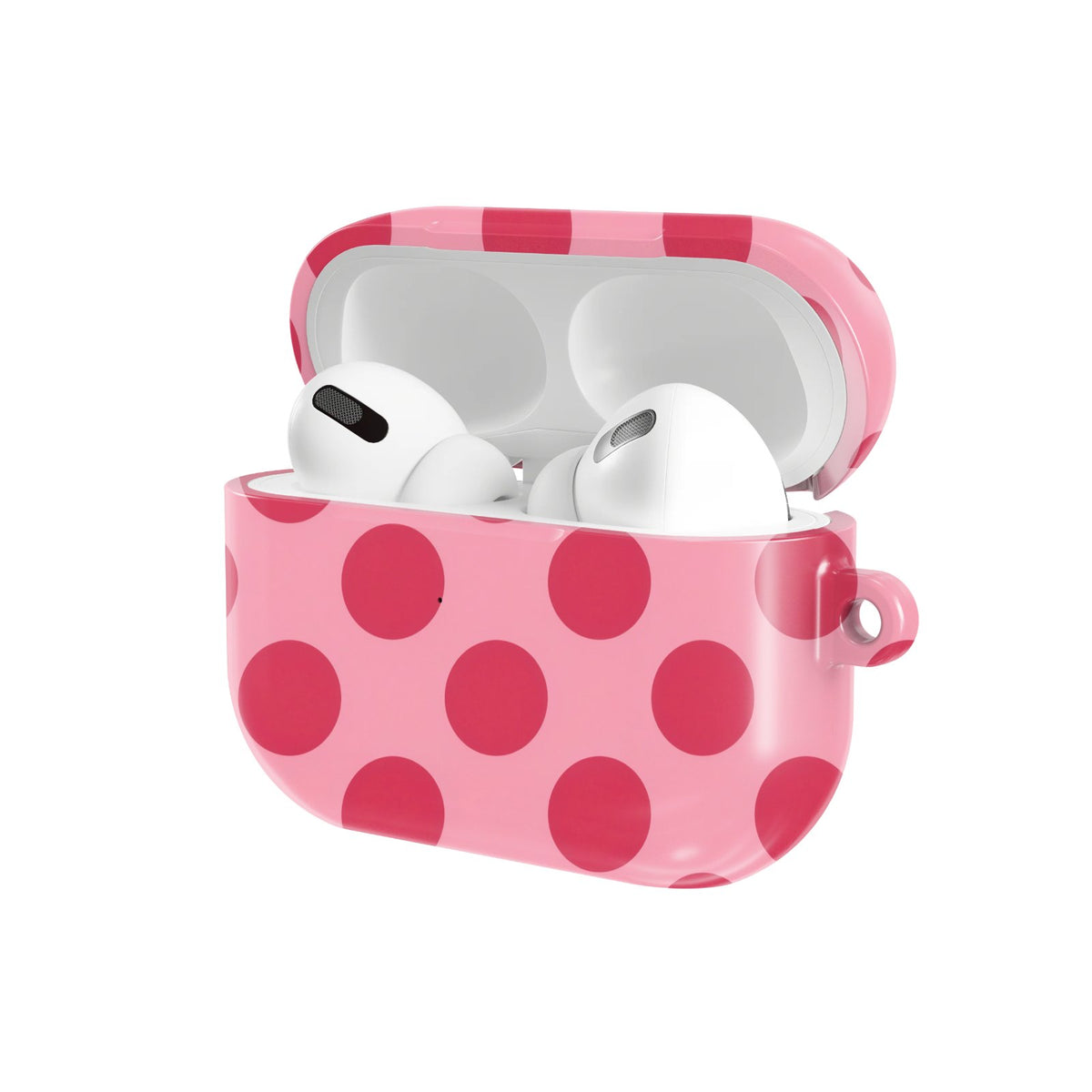 Cherry Red Polka Dot AirPods case — hard-shell earbuds cover, open angled view