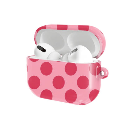Cherry Red Polka Dot AirPods case — hard-shell earbuds cover, open angled view