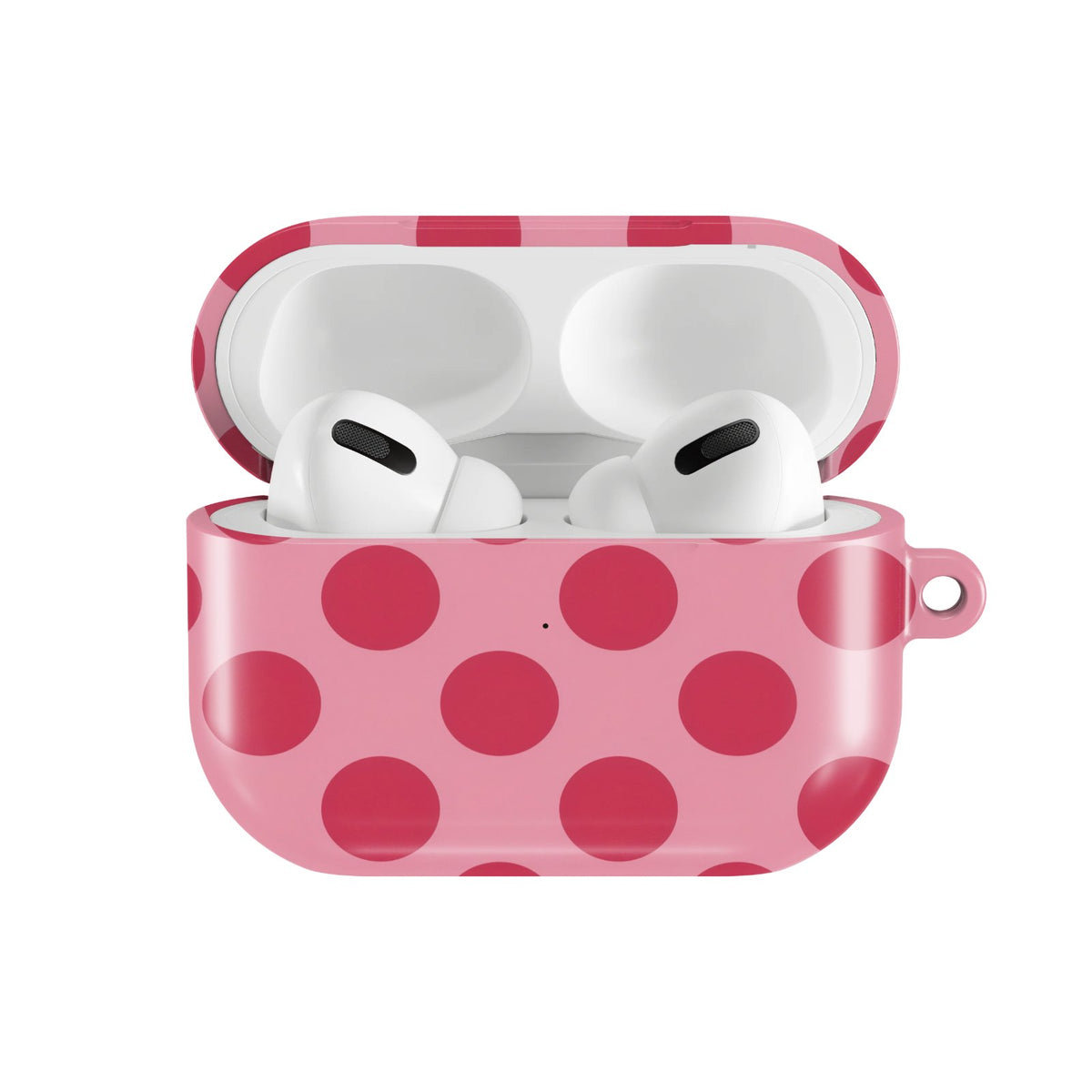 Cherry Red Polka Dot AirPods case — hard-shell earbuds cover, open front view
