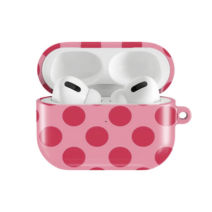 Cherry Red Polka Dot AirPods case — hard-shell earbuds cover, open front view