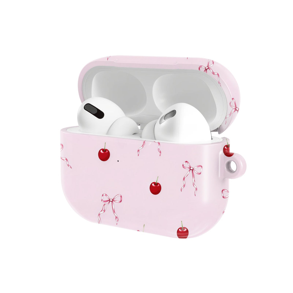 Cherries & Bows AirPods case — hard-shell earbuds cover, open angled view