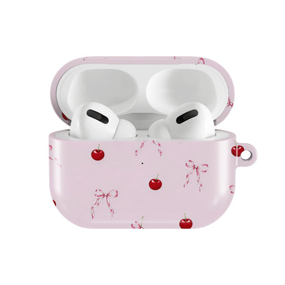 Cherries & Bows AirPods case — hard-shell earbuds cover, open front view