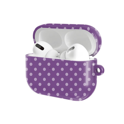 Plum Polka Dot AirPods case — hard-shell earbuds cover, open angled view