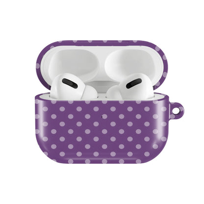 Plum Polka Dot AirPods case — hard-shell earbuds cover, open front view