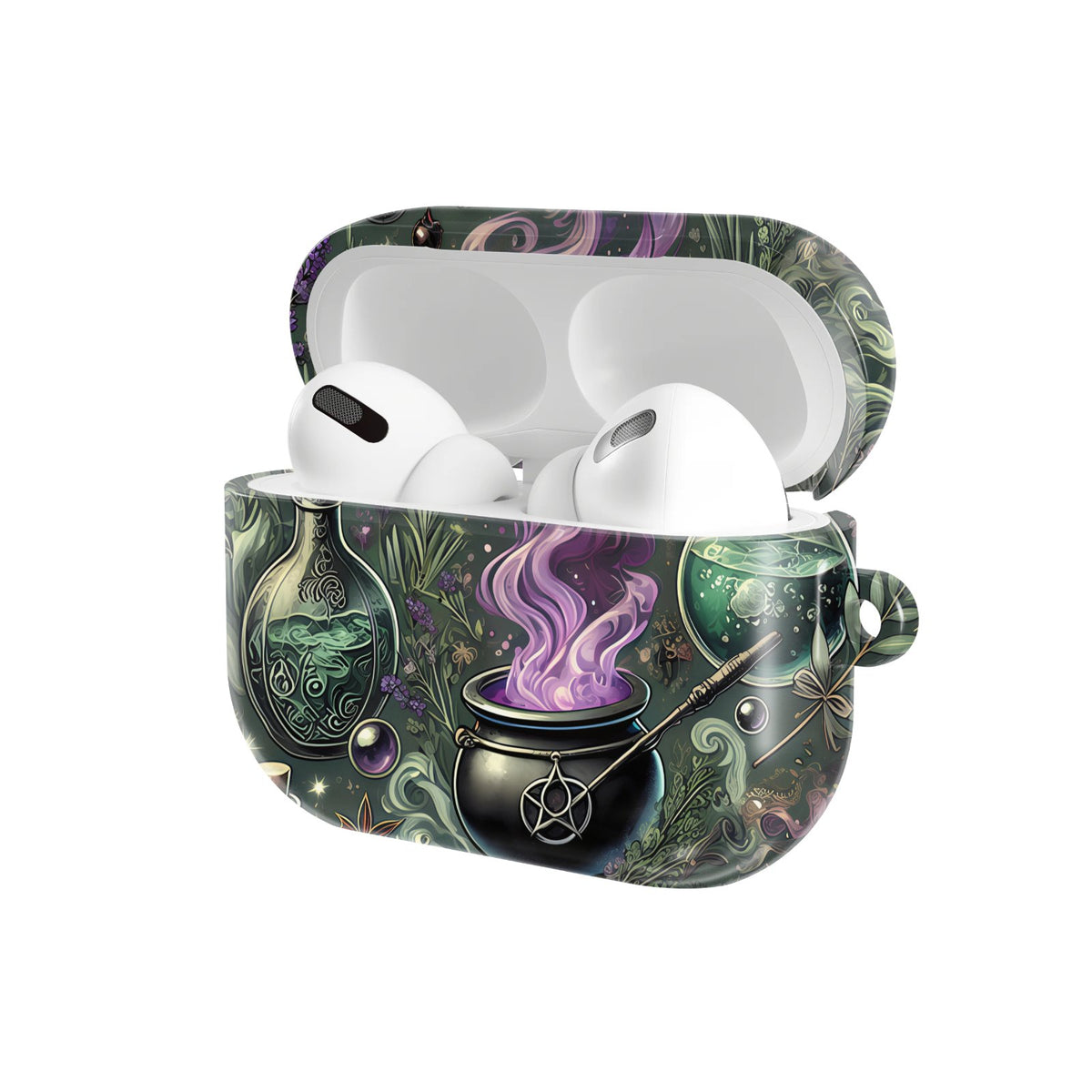 Witch's Apothecary AirPods case — hard-shell earbuds cover, open angled view