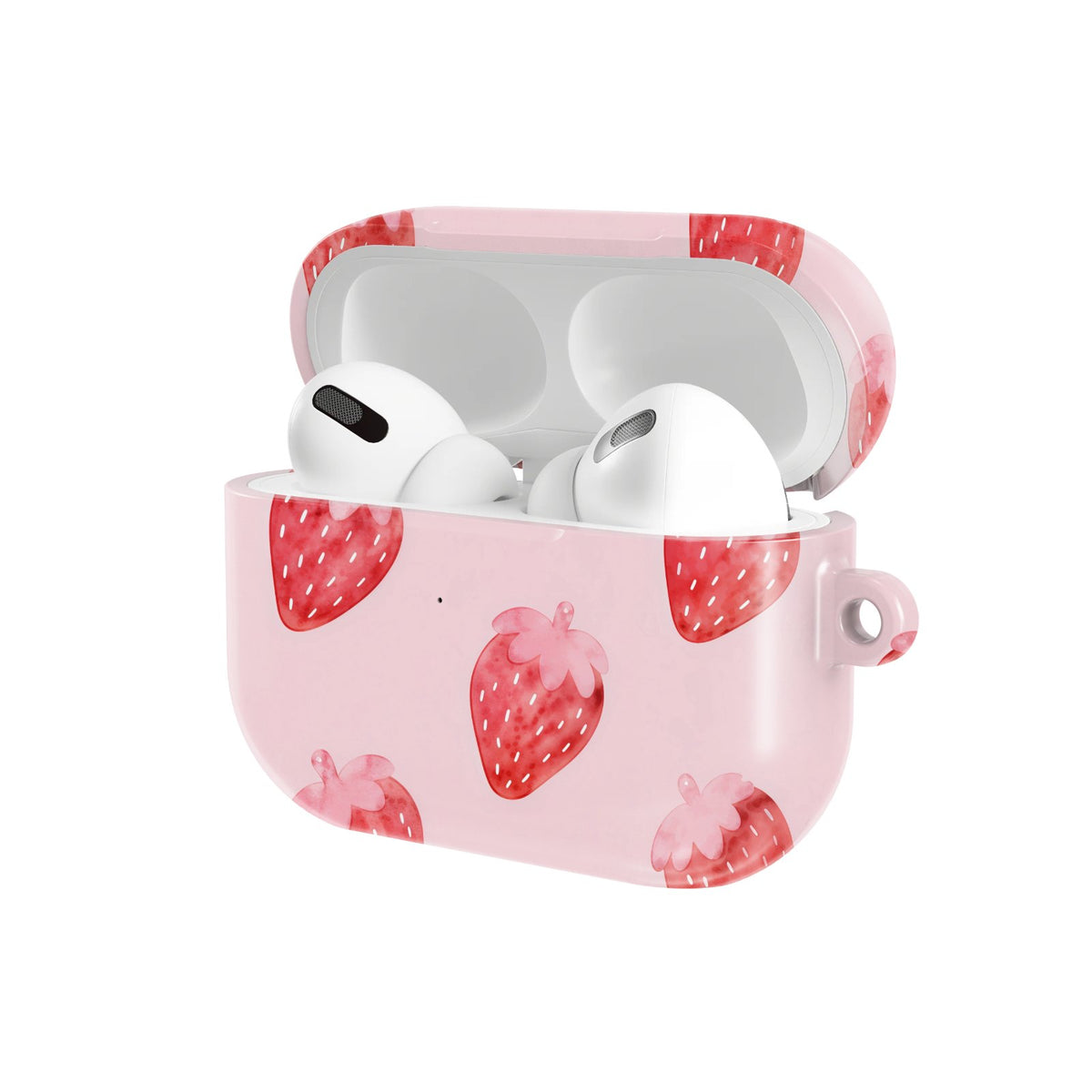 Watercolor Strawberry AirPods case — hard-shell earbuds cover, open angled view