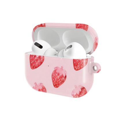 Watercolor Strawberry AirPods case — hard-shell earbuds cover, open angled view
