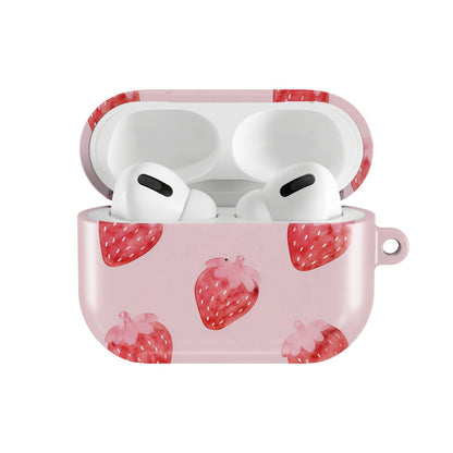Watercolor Strawberry AirPods case — hard-shell earbuds cover, open front view