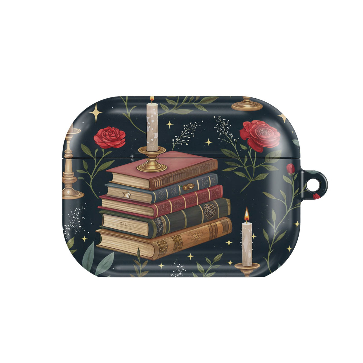 Candlelit Library AirPods case — hard-shell earbuds cover, closed front view