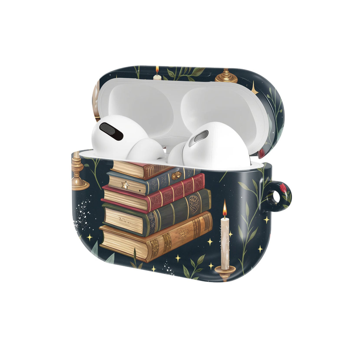 Candlelit Library AirPods case — hard-shell earbuds cover, open angled view