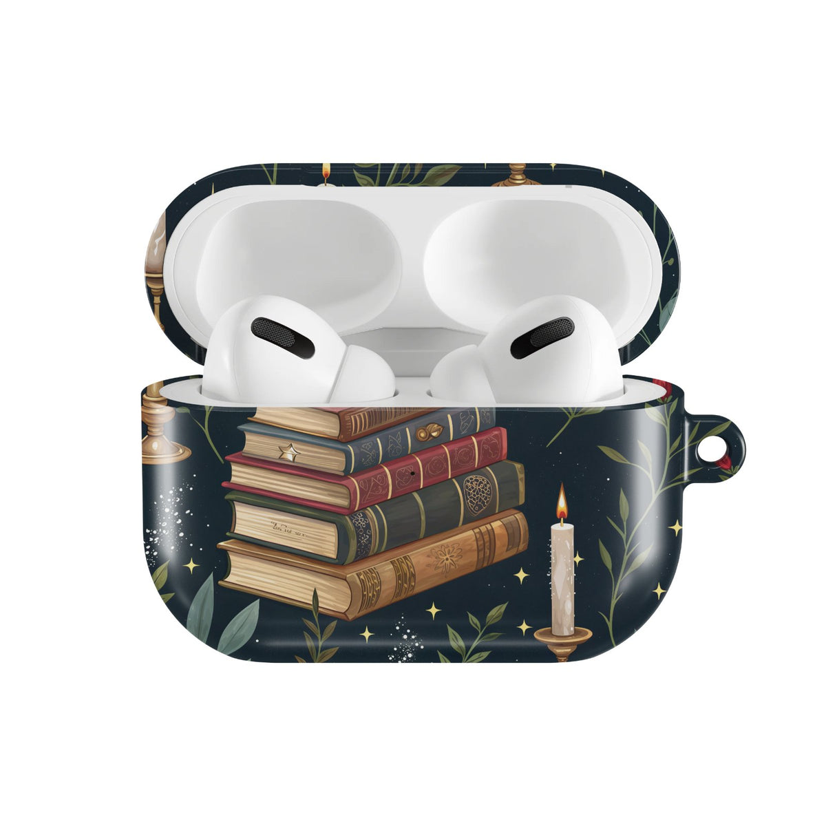 Candlelit Library AirPods case — hard-shell earbuds cover, open front view