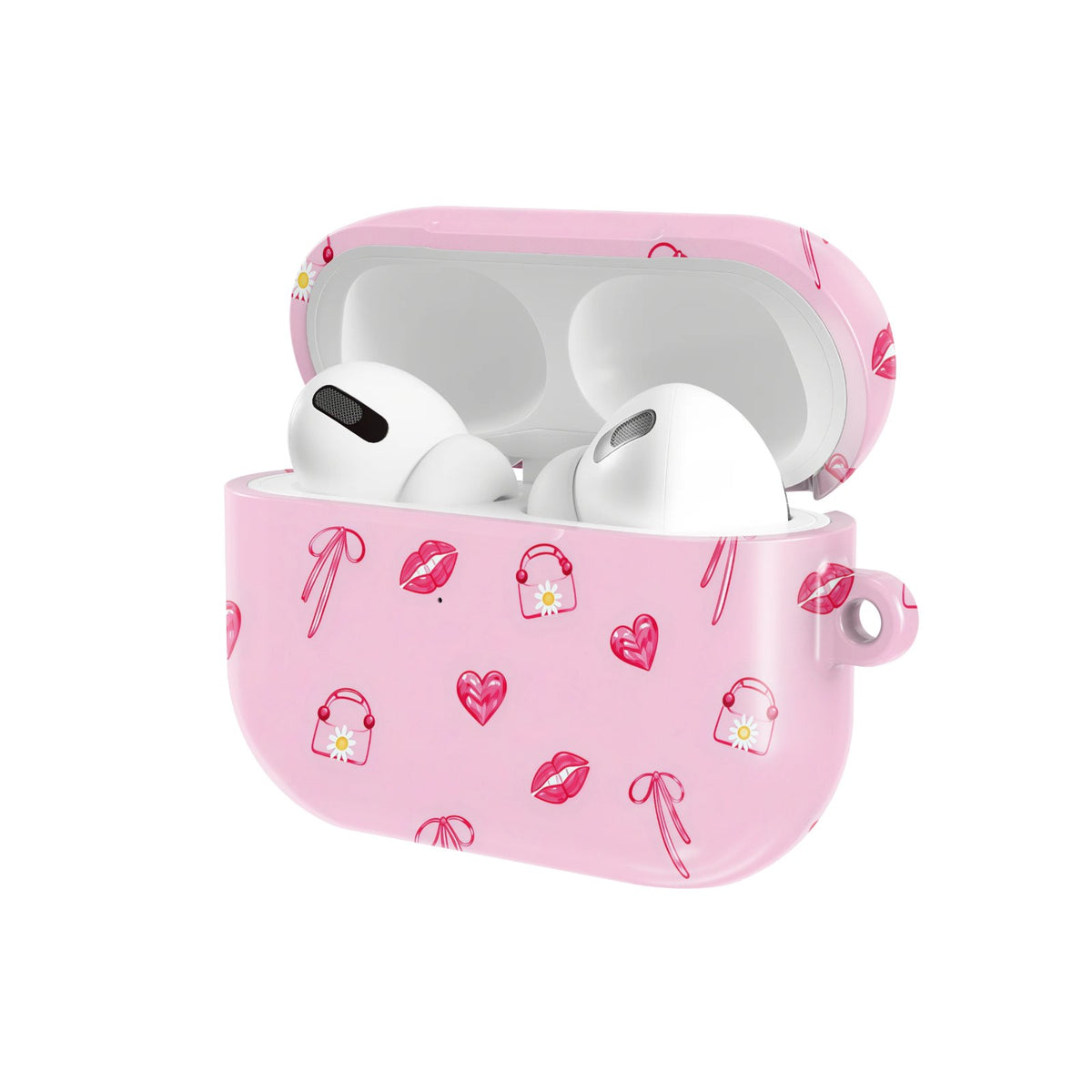 Lips & Bows AirPods case — hard-shell earbuds cover, open angled view
