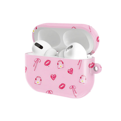 Lips & Bows AirPods case — hard-shell earbuds cover, open angled view