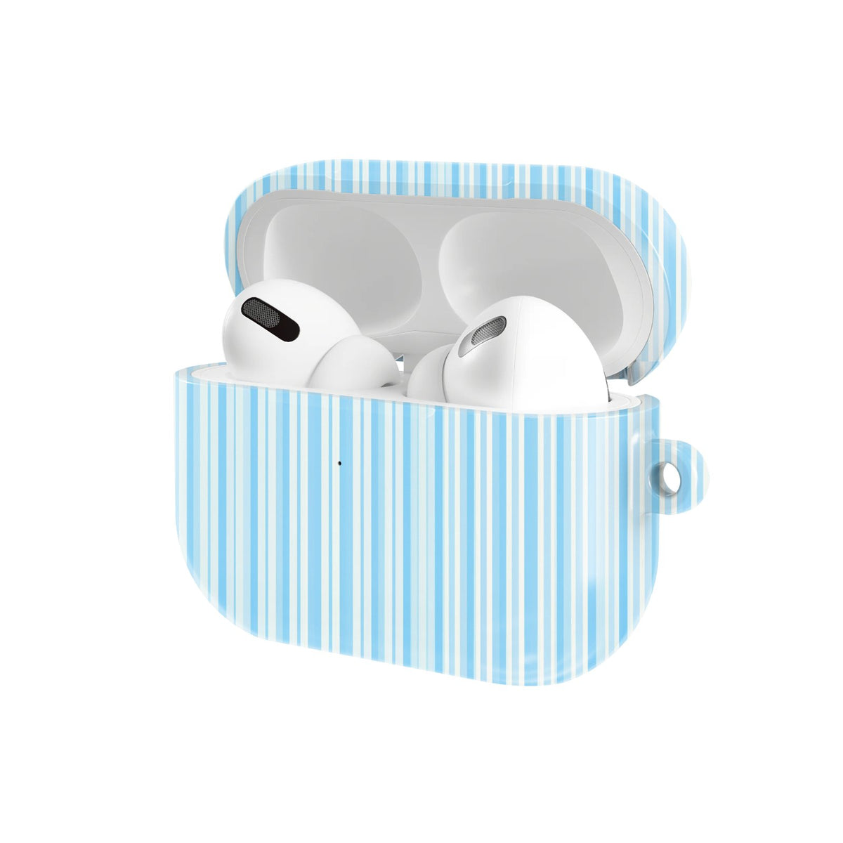 Blue Ticking Stripe AirPods case — hard-shell earbuds cover, open angled view