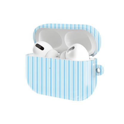 Blue Ticking Stripe AirPods case — hard-shell earbuds cover, open angled view