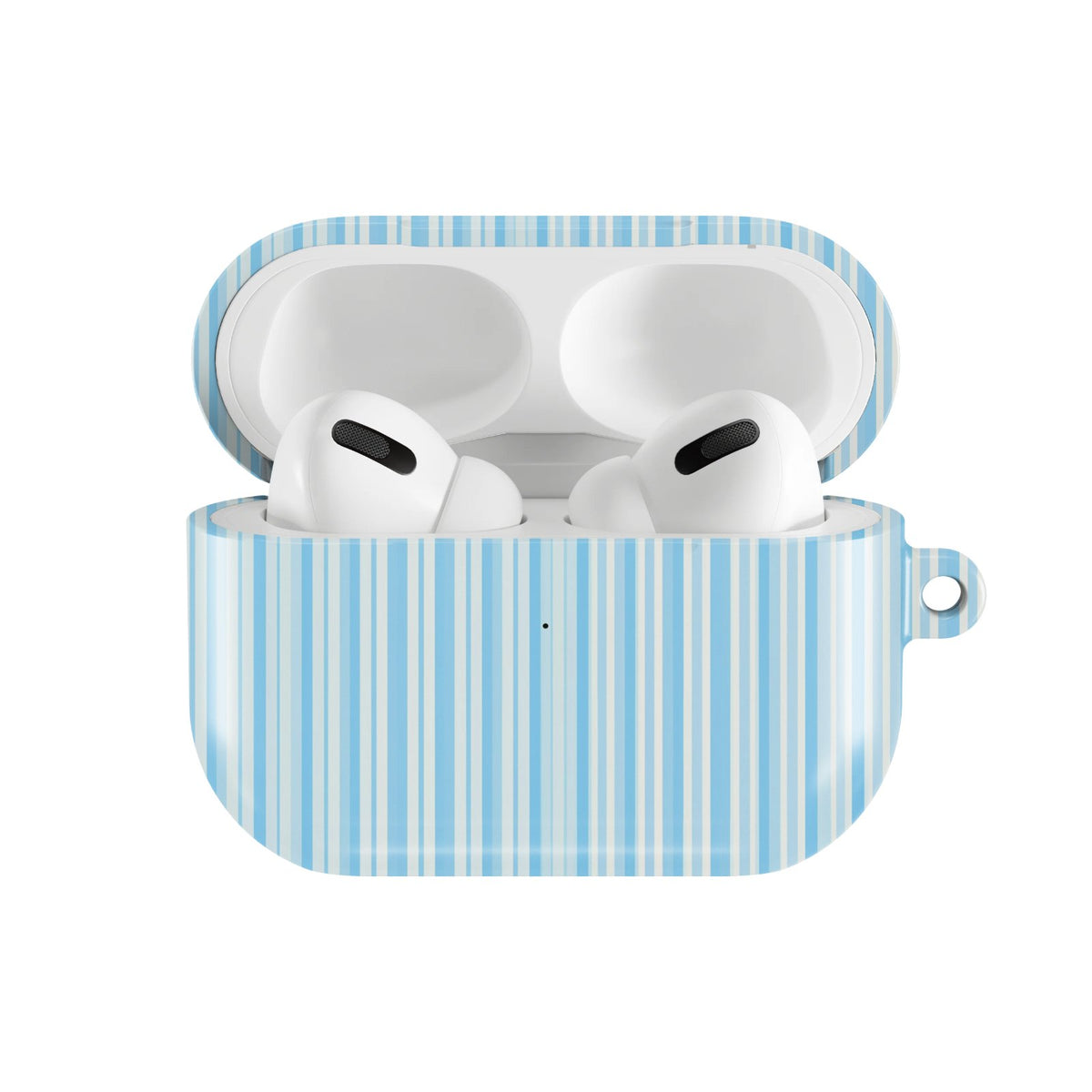 Blue Ticking Stripe AirPods case — hard-shell earbuds cover, open front view