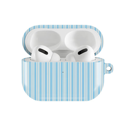Blue Ticking Stripe AirPods case — hard-shell earbuds cover, open front view