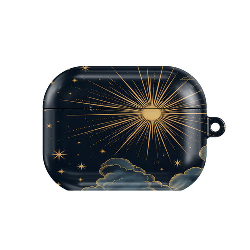 Vintage Celestial Sun AirPods case — hard-shell earbuds cover, closed front view