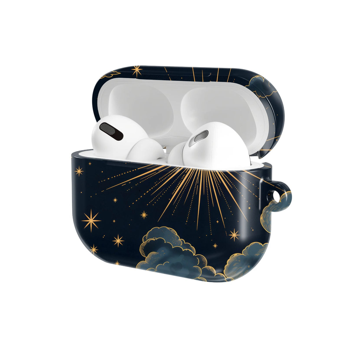 Vintage Celestial Sun AirPods case — hard-shell earbuds cover, open angled view